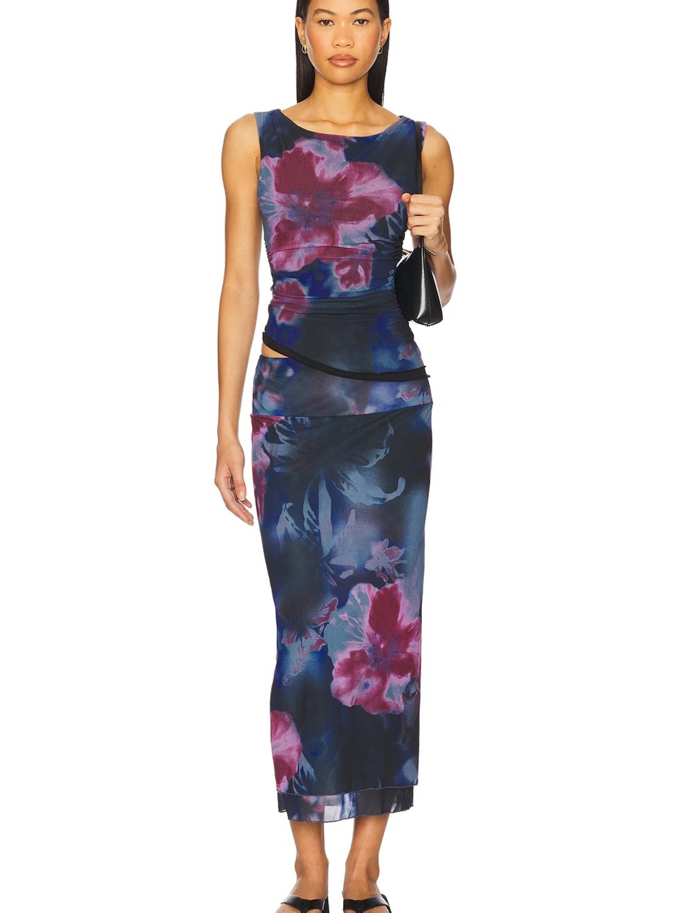 Free People 2 piece Navy and Magenta Floral Maxi Skirt & top set